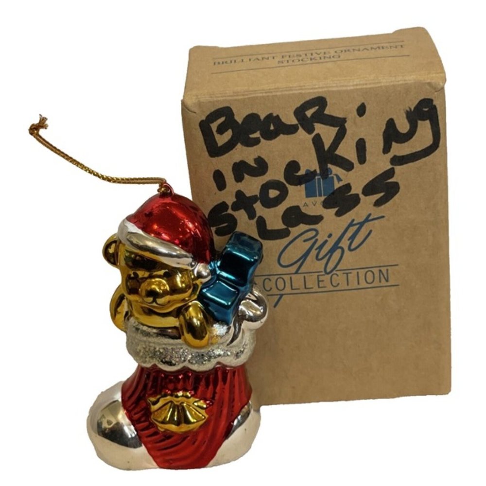 1998 Avon Bear in Stocking Ornament Collectible 3.25" Tall With Box Metalic